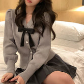 Autumn Winter Bow Cardigans Jacket Woman French V-Neck Chic Single-Breasted Knit Top New Long Sleeve Sweater Cardigan Aiertu