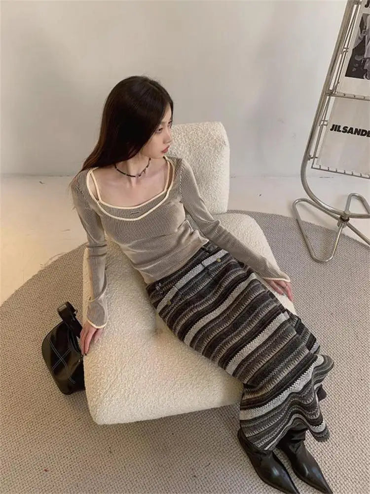 Aiertu Long Sleeve Striped Harajuku T-shirt Women Fake Two Pieces Tops Y2k Vintage T Shirt Grunge Aesthetic Korean Style Tops Aiertu