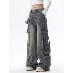 Aiertu Women Blue Jeans Cargo Pants Streetwear High Waist American Wide Leg Pants Fashion Y2K Style Female Winter Straight Trousers Aiertu