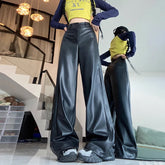 Aiertu PU Leather Straight Pant Black Women Autumn Wide Leg Leather Baggy Pants High Waist Casual Streetwear Loose Trousers Aiertu