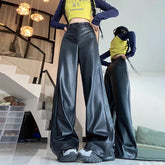 Aiertu PU Leather Straight Pant Black Women Autumn Wide Leg Leather Baggy Pants High Waist Casual Streetwear Loose Trousers Aiertu