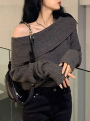 Women Sweater Off Shoulder Knitted Pullovers Female Korean Fashion Sexy Slash Neck Knitwear Top Lady Autumn Winter Slim Jumpers Aiertu