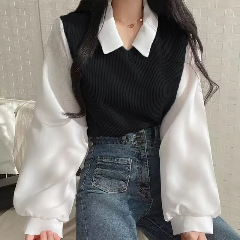 Aiertu Thread of Screw False Two-piece Polo Collar Sweatshirts Women Korean Patch Fashion Loose Female Pullovers Autumn Winter Y2k Tops Aiertu