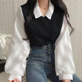 Aiertu Thread of Screw False Two-piece Polo Collar Sweatshirts Women Korean Patch Fashion Loose Female Pullovers Autumn Winter Y2k Tops Aiertu