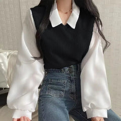 Aiertu Thread of Screw False Two-piece Polo Collar Sweatshirts Women Korean Patch Fashion Loose Female Pullovers Autumn Winter Y2k Tops Aiertu