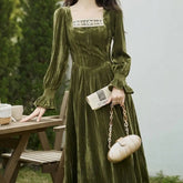 AIERTU - Autumn Winter Velvet Long Dresses Square Neck French Style Vintage Vestidos Mujer Fashion Elegant Sweet Women Dress Aiertu