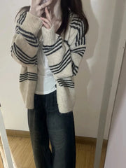 Patchwork Contrast Color Striped Knitted Cardigans Women Y2k Aesthetic Single Breasted Coats New Streetwear Casual Loose Sweater Aiertu