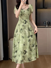 Aiertu New Women Vintage Floral Print Midi Green Dress Elegant Chic A-Line Party Evening Clothes Female Fashion Casual Vestidos Robe Aiertu