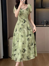 Aiertu New Women Vintage Floral Print Midi Green Dress Elegant Chic A-Line Party Evening Clothes Female Fashion Casual Vestidos Robe Aiertu