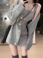 Aiertu Gray 2 Piece Dress Set Women Casual Long Sleeve Cardigan + Bodycon Strap Sweater Dress Evening Party Knitted Suit Aiertu