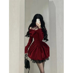 Aiertu Vintage Bow Mini Dress Women Y2K Sexy Slash Neck Red Velvet Dresses Winter Kawaii Christmas Party Bodycon A Line Vestidos aiertu