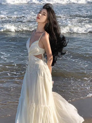 Aiertu Summer Beige Sexy Club Backless Women Elegant Pleated Slip Dress V-neck Slim Lace Up Sleeveless Evening Party Fairy Long Dresses Aiertu