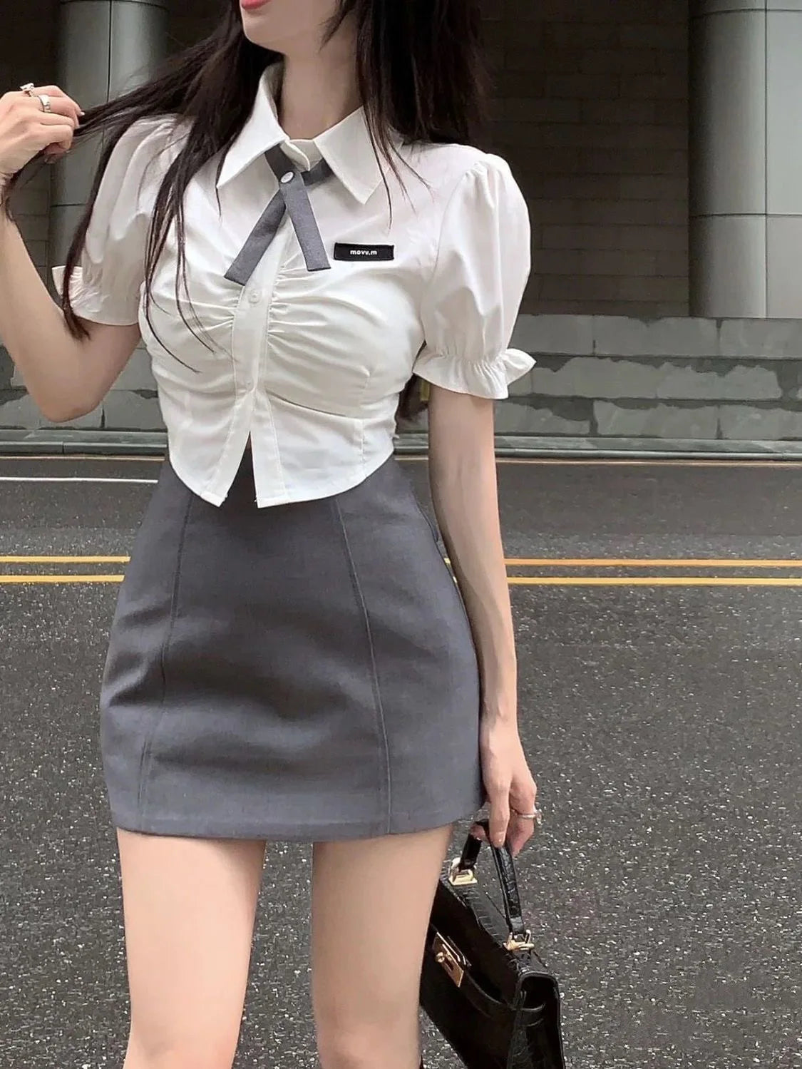 Summer Korean Uniform Set Two-piece Short Blouse Puff Sleeve White Hot Girl Girdle Waist Slim Shirt Hip Skirt JK School Uniform Aiertu