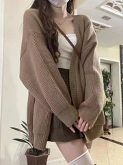 AIERTU - Japanese Sweet Knitted Cardigan Women Fall Winter Lazy Wind Loose Casual Sweaters V Neck Solid Student Fashion Elegant New Coats Aiertu