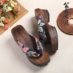 AIERTU - Women's Japanese Style Wooden Geta Sandals Red Floral Satin Thong Flip Flops Cosplay Clog Slippers Aiertu