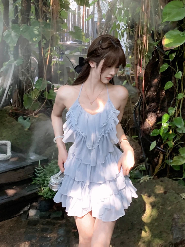 Aiertu 2024 New Solid Sweet Y2k Mini Dress Beach Chiffon Sexy Sleeveless French Elegant Dress Casuasl One Piece Dress Korean Fashion Aiertu