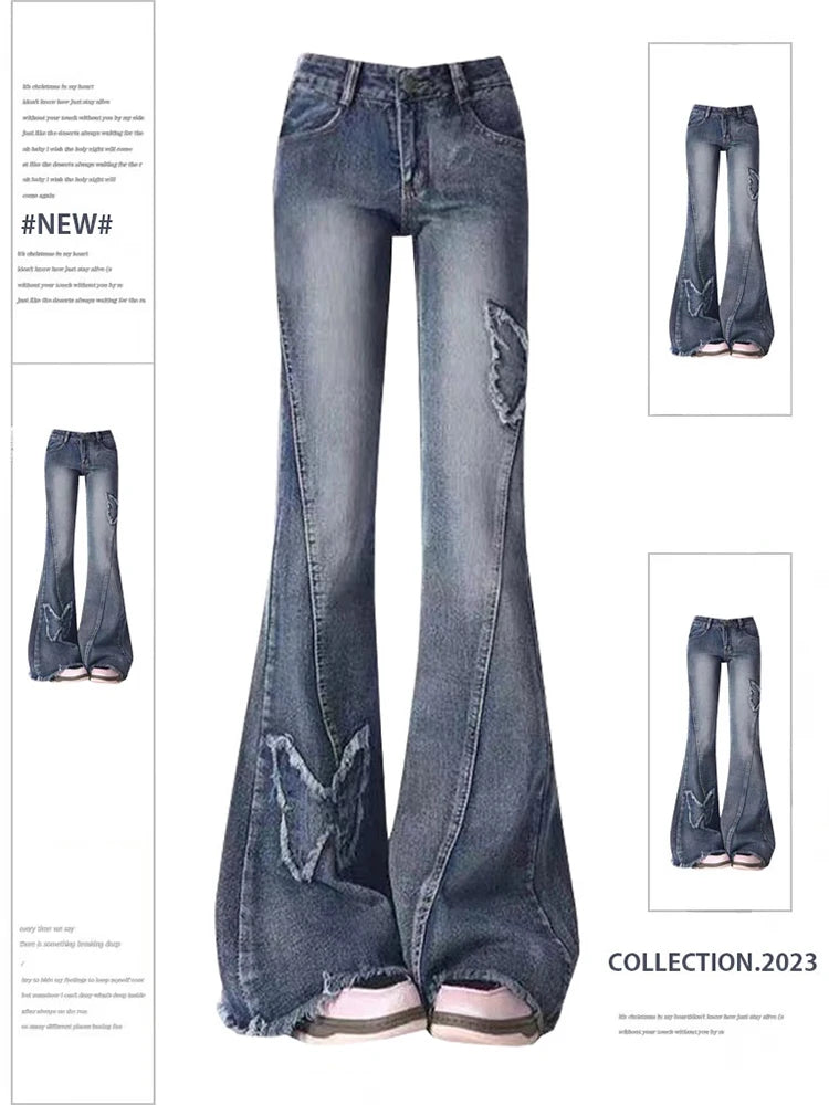 Aiertu Women's Blue Flare Jeans Baggy Vintage 90s Aesthetic Low Waist Cowboy Pants Harajuku Denim Trousers Y2k Trashy Emo 2000s Clothes Aiertu