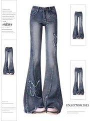 Aiertu Women's Blue Flare Jeans Baggy Vintage 90s Aesthetic Low Waist Cowboy Pants Harajuku Denim Trousers Y2k Trashy Emo 2000s Clothes Aiertu