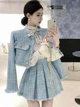 Aiertu High Quality Fashion Tassel Design Small Fragrance 2 Piece Sets Women Outfit Long Sleeve Short Jacket Coat + Pleated Skirt Suits Aiertu