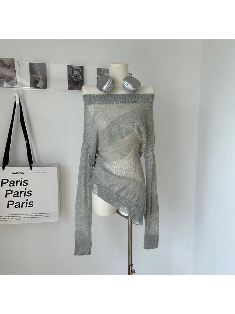 Aiertu Women's Pullover Knitted Torn Sweater Harajuku Long Sleeve Knit Jumper Sweaters Korean Y2k 2000s 90s Aesthetic Vintage Clothes Aiertu