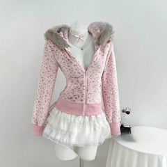 AIERTU - Y2k Women's Leopard Zip Up Hoodie Faux Fur Collar Plush Sweatshirts Slim Fit Cropped Vintage Warm Autumn Winter Jackets Aiertu