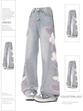 Aiertu Women Jeans with Heart Vintage Y2k 90s Aesthetic Baggy Denim Trouser 2000s Harajuku Kawaii Wide Cowboy Pants Trashy Clothes Aiertu