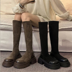 Vintage Stretch Women Knee High Boots Fashion Slip On Shoes Autumn Winter Thick Heel Ladies Morder Long Booties Aiertu