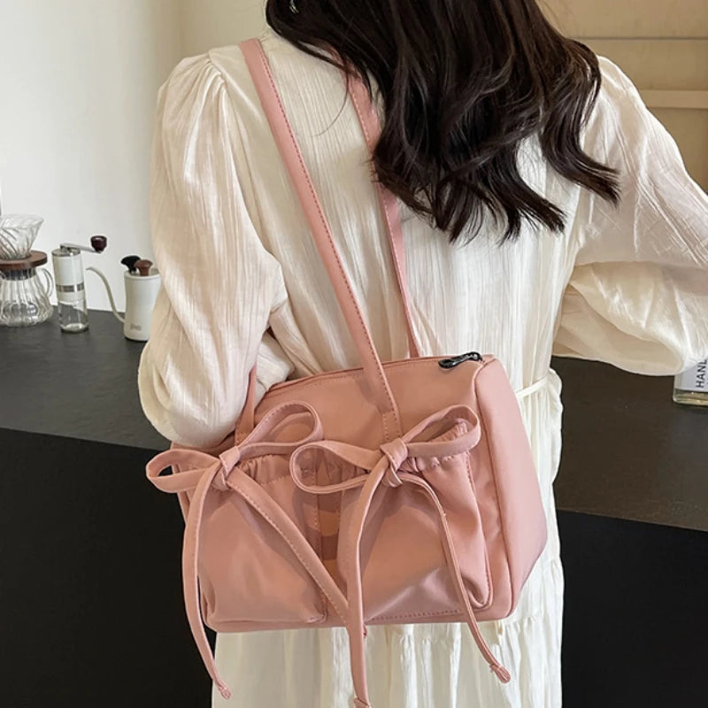 Aiertu New Korean Bow Nylon Shoulder Bag Fashionable and Sweet Design Tote Bag Folded Large Capacity Commuter Women's Handbag Aiertu