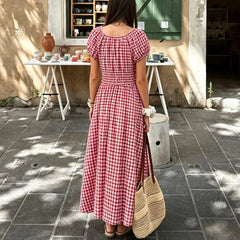 AIERTU - Elegant Long Bubble Sleeve Waist-Cinching Dress Women's Fashion Summer Casual Loose Fit A-Line Skirt Short Sleeve Aiertu