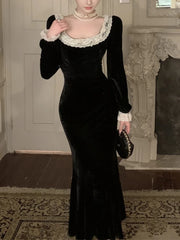 Aiertu Autumn Women Vintage Chic Velvet Black Dress Long Sleeve Bodycon Evening Party Dresses Female Fashion Chic Prom Vestidos Mujers Aiertu