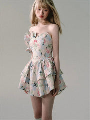 Aiertu French Design Floral Strapless Dress Women Summer New Holiday Casual Y2k Dress Female Fashion Slimming Irregular Mini Dress 2024 Aiertu