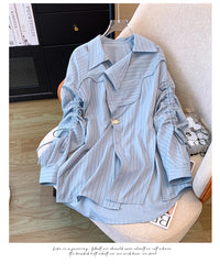 Aiertu Korean Style Striped Folds Long Sleeve Single Breasted Shirt 2024 Spring Summer Women's Casual Turn-Down Collar Baggy Blouse Top Aiertu