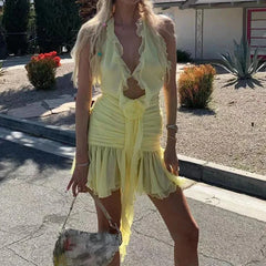 Aiertu Y2K Ruffles Strap 3D Flower Decro Bodycon Dress Sexy Low Cut Chest Wrap Backless Halter Dress Women Club Party Night Vestidos Aiertu