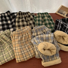 Aiertu Fashion Warm Plush Pants Cashmere Thick Plaid Ladies Winter Casual Loose Wide-legged Pants Korean Streetwear Students Aiertu