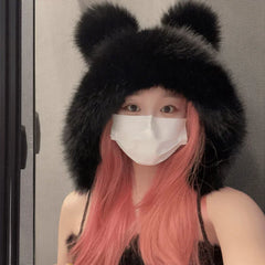 Aiertu Women Winter Warm Kawaii Fox Fur Imitation Mink Plush Hat Thickened Cute Bear Ear Japanese Bomber Hat Ear Protection Cosplay Cap aiertu