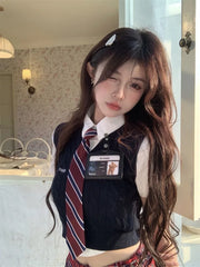 American Style School Girl Uniform Set Summer Daily Slim Vest Mini Pleated Skirt Red Plaid Korean Students JK School Uniform Aiertu
