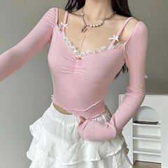 Aiertu Sweet Off-shoulder Cute Crop Top Lace Patchwork Pink Coquette Aesthetic Slim-fit Long Sleeve Knitted T-shirts Ladies y2k Aiertu