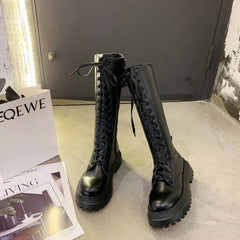 Chunky Platform Women Long Boots Pu Leather Knee High Boots Women Punk Female Lace Up Booties Mujer Chelsea Women Shoes Aiertu