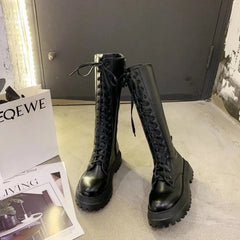 Aiertu Chunky Platform Women Long Boots Pu Leather Knee High Boots Women Punk Female Lace Up Booties Mujer Chelsea Women Shoes Aiertu