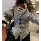 Aiertu Y2k Grey Vintage Women Kint Sweater Harajuku Long Sleeve Cardigan Irregular Korean Fashion Slim Autumn Jerseys Casual aiertu