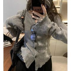 Aiertu Y2k Grey Vintage Women Kint Sweater Harajuku Long Sleeve Cardigan Irregular Korean Fashion Slim Autumn Jerseys Casual aiertu