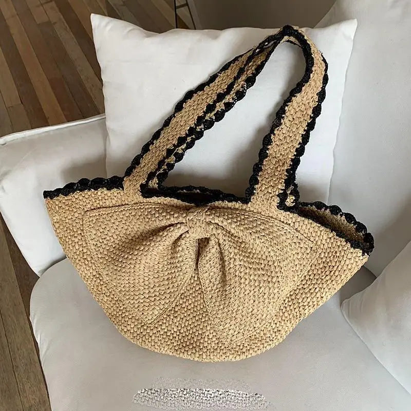 AIERTU - Korean Style Sweet Grass Woven Bow Bags Women's Beach Vacation Single Shoulder Hand-held Beach Bag Aiertu