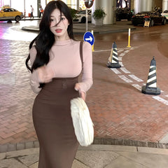 Aiertu DRESS TO IMPRESS Street Sexy Suspender Dress Women Autumn Winter Waist Tight Spice Girl Mermaid Skirt Bottom Long Sleeve T-Shirt 2 Piece Set Aiertu