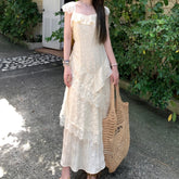 Aiertu Elegant Lace Ruffle Woman Dresses Midi Short Sleeves One Piece Korean Dress Vintage Floral Holiday Summer Vacation Chic Aiertu
