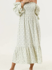 AIERTU - Woman Vintage Floral Dress Puff Long Sleeve Off Shoulder Ruffle Long Dress Spring Fall Casual Vintage Bohemian Dresses Aiertu