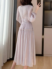 Aiertu Fashion New Women Elegant Casual Midi Long Prom Dress Puff Sleeve A-Line Solid Vintage Party Birthday Clothes Female Robe Mujers Aiertu