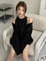 Aiertu Women Black Elegant Long Sleeve Button Off Shoulder T Shirt Casual For Spring Autumn Gray Round Neck Loose Pullover Tops Fashion Aiertu