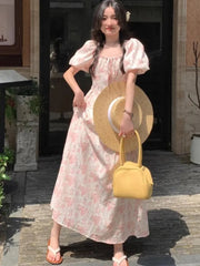 Aiertu Summer Floral Printed Midi Dress Women Off Shoulder Puff Sleeve Fairy A-line Elegant Dresses Casual Korean Fashion Aiertu