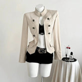 AIERTU - Y2k American Vintage Cropped Jackets Women Double Breasted Solid Outerwear Stand Collar Slim Fit Waist Elegant Chaquetas Aiertu