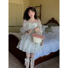 Aiertu Japanese Sweet Fairy Lolita Dress Women White Mesh Elegant Princess Dress Female Bow Casual Evening Party Dress Summer Slim Aiertu